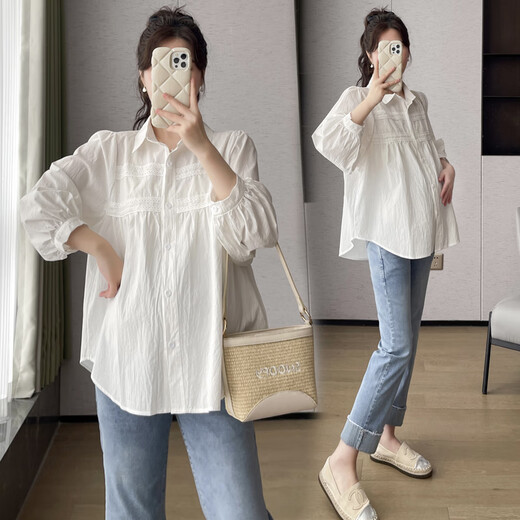 Run Qiqi Maternity Wear Ropa de otoño Simple y versátil Nínea de nueve puntos Top 2025 Nueva camisa de embarazo de primavera y otoño Camisa de gran tamaño blanco Top + Jeans (traje) XL