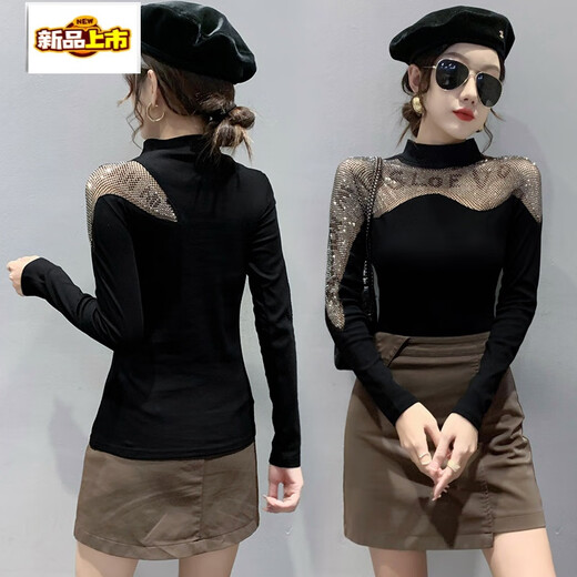 Zhidoudou Half Curtleneck Base Shirt for Women Spring and Automne 2025 New European Station Industry Industry Diamond Incrup Shirt Long Manche à manches longues et sexy Black 3899 # Plus Velvet Plus Velvet Mesh Fabric S Recommandé 75-90jin [Jin est égal à 0,5 kg]