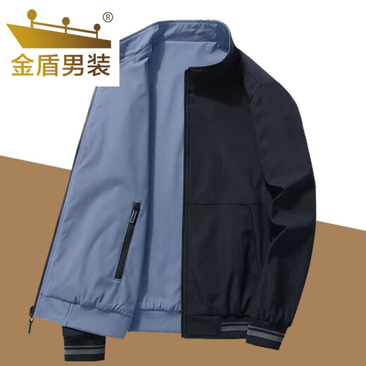 Gold Shield Reversible Jacket Men's 2024 Spring and Autumn New Loose Casual Dad Top Stand Collar Jacket Men's Middle-aged Tops Mist Blue - Double Sided + Thickened L Recommended 110-130 Jin Jin equals 0.5 kg
