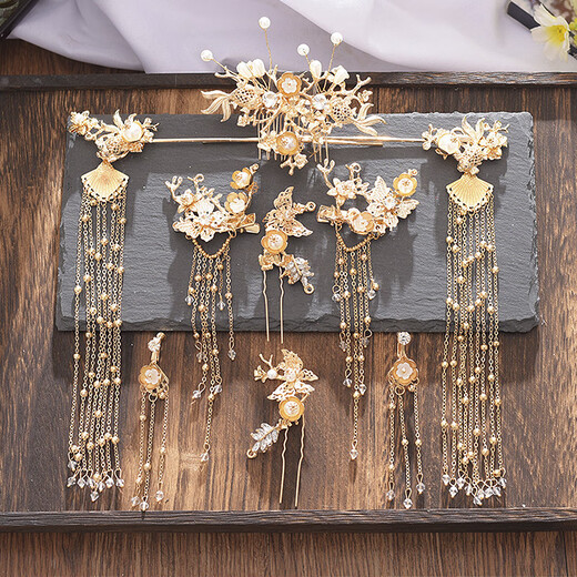 Meng Junchen Hanfu hair crown women's ancient style headdress full set of fairy style tassels step wig hairpin birthday Valentine's Day gift nine-piece set of the same style as the model