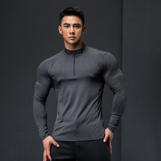 Lutiedog fitness clothing quick-drying clothing for men autumn and winter long-sleeved elastic breathable sweat-absorbent sports casual T-shirt stand collar bottoming bodybuilding clothing gray XL/175-180