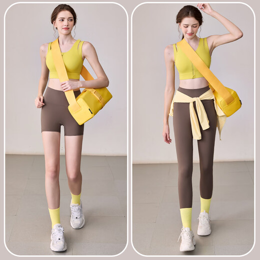 Yuebu yoga clothing set for women, high-intensity sports bra, shock-proof push-up running gym, Pilates training vest, Tsingtao pear bra + ebony gray trousers M (recommended weight 100-115 Jin Jin equals 0.5 kg)