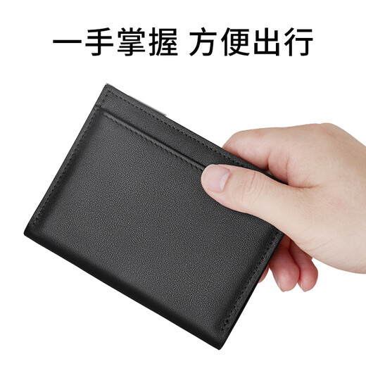 ELLEN FANTASIA Cartera de cuero genuino para hombre, antidesmagnetización, multifuncional, compacta, ultrafina, ranuras para múltiples tarjetas, estuche de cuero para licencia de conducir, bolso todo en uno para documentos para mujer, bolso negro genuino