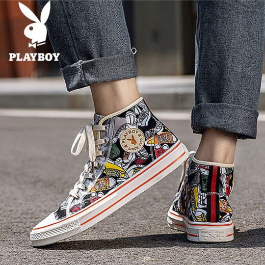 Playboy canvas shoes for men 2021 spring new casual sneakers breathable high-top trendy sports sneakers for men graffiti trendy shoes Korean version high-top versatile sneakers for men 1013 beige 39