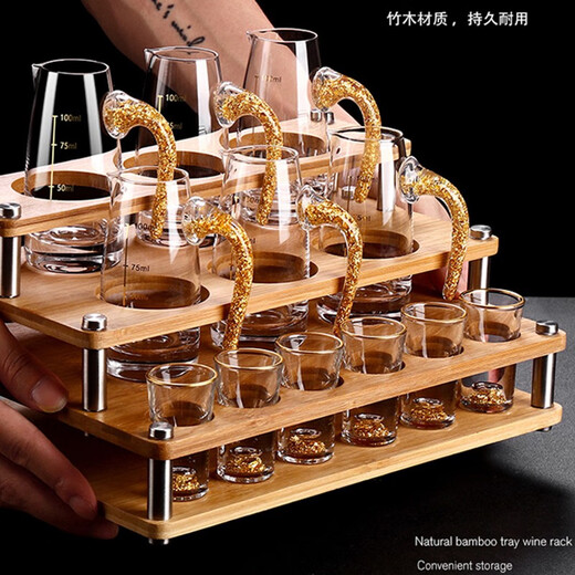 MIDOC luxury gold foil white wine glass wine dispenser set household small wine glass one-cup Chinese wine set with graduated cup holder 10 pots 10 cups gold foil style + round rack