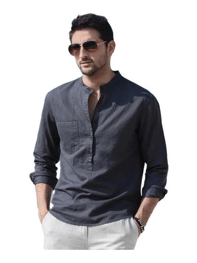 Kuraishi Kazuki light luxury trendy brand high-end cotton and linen Henry collar shirt men's long-sleeved T-shirt 2025 spring and autumn new stand-up collar dark gray dark gray M