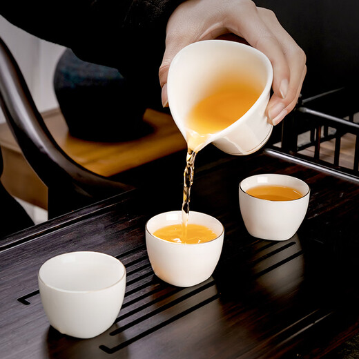 Yuantao kiln gold mutton fat jade kung fu tea set high-end Dehua white porcelain household complete set teapot covered bowl tea cup covered bowl big belly cup painted gold/safety packaging 12 pieces