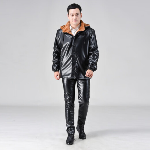 月袖（YUEXIU）加绒加厚皮衣皮裤套装男式摩托防风宽松加大码冬天皮棉衣代驾外套 连帽款加绒加厚皮衣套装 5XL (建议180-200斤)