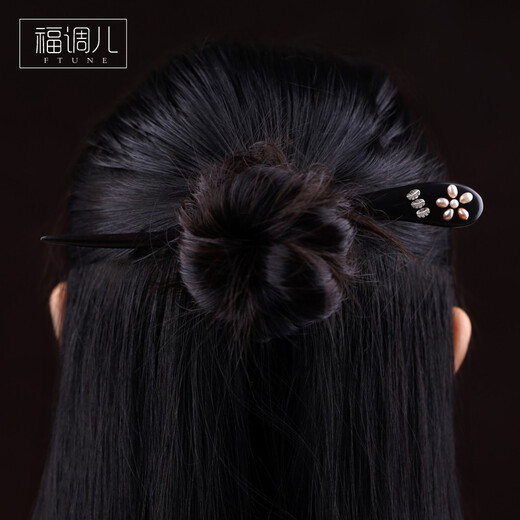 Fu Tiaoer's handmade pearl flower ebony hairpin for women Bianhua retro style hairpin and hairpin gift Hanfu hairpin gift 1 piece