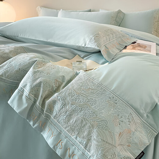High-end maternal and infant grade Class A 100 count long-staple cotton four-piece floral embroidered quilt cover pure cotton light luxury bedding Class A maternal and infant heavy industry embroidered cotton/Yue-Tianshui Blue 1.8 bed sheet four-piece set-quilt cover 200x230