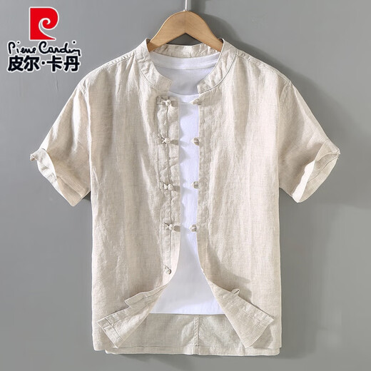 Pier Cardin Retro Retro Chinesische Sommer-Wäsche Top Tang Anzug Herrenhalter dünne kurzärmelige Baumwoll-Hemd Chinesische Hemd Hemd 1047 Original Hanffarbe xxl