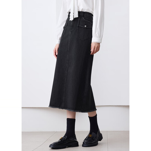 Betu women's autumn new skirt new retro revival high waist denim skirt skirt women 2409T76 black M