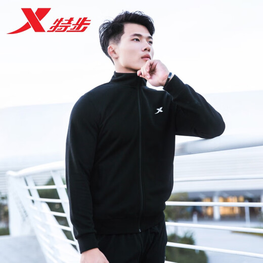 特步运动外套男2025年夏季新款防风夹克男士保暖休闲长袖加绒卫衣男 黑色-9277 XL