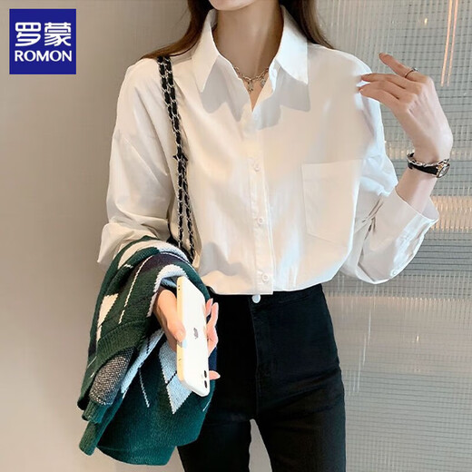 ROMON cotton shirt for women in autumn new design niche top casual bottoming shirt versatile inner layering shirt white XL recommended 120-135 Jin Jin equals 0.5 kg