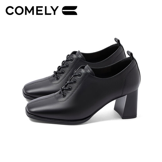 Kang Li's black leather shoes for women's thick heels 2024 autumn new fashion square-toe lace-up French nude boots commuting deep mouth shoes black (sheep leather) 36
