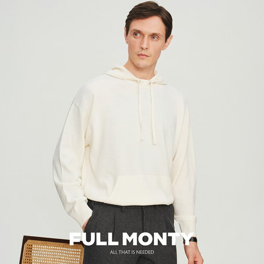 FULL MONTY秋冬季白色连帽针织卫衣休闲长袖套头外套男士羊毛可机洗易打理 白色8804 S