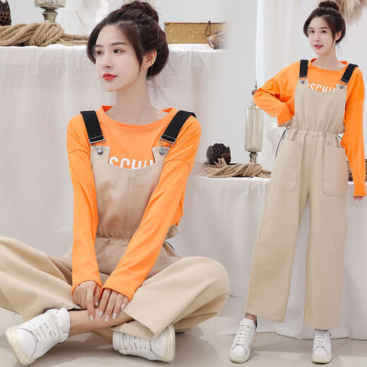 
Langwei Feray autumn pants overalls for female students Korean style loose high waist nine-point straight wide-leg work clothes casual pants winter 829 single piece black overalls L
