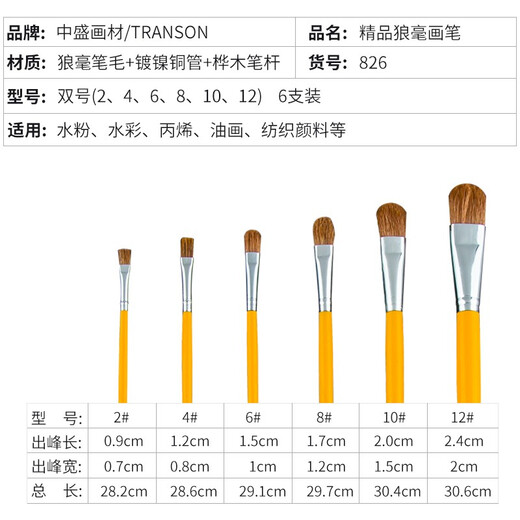 Zhongsheng Painting Material (Transon) Brusque en acrylique Brosse de loup brosse gouache brosse aquarelle de brosse à huile