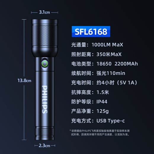 Philips (Philips) фонарик, прочный свет-фонарик, супер мощный Zoom, 1000 Lumens Portable Outdoor Bright Light Flashlight SFL6168 SFL6168-Zoom Long-Range 1000 метров