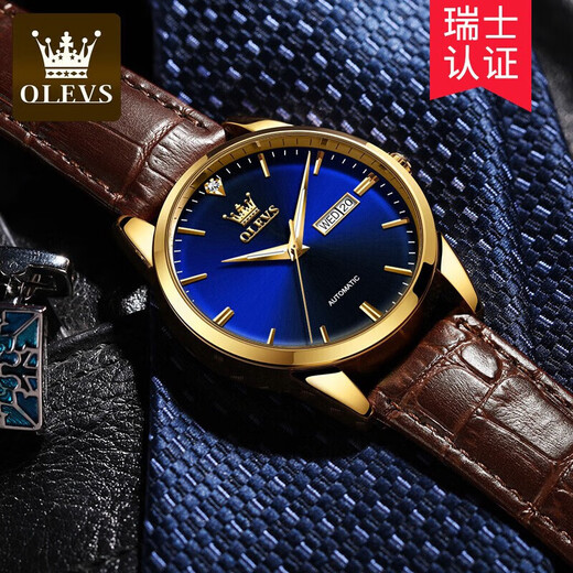 Olevs Swiss Certified Brand Watch Men's Mechanical Watch entièrement automatique Automatique Imperpose haut de gamme HEATS MENSE CADEAU chinois de la Saint-Valentin pour le petit ami Amélioration de la version améliorée-6629 Brown Leather Full Gold Blue Face Men
