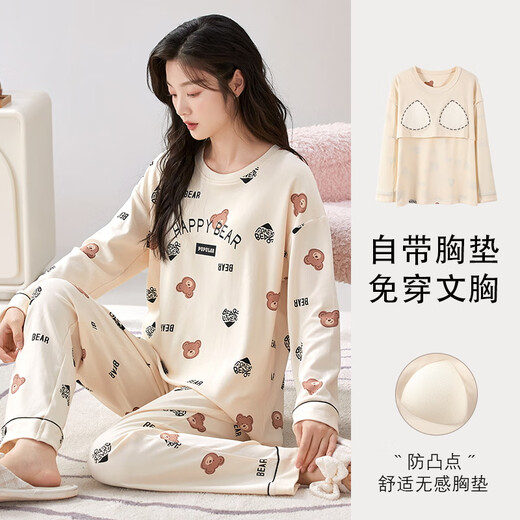 诗花巷睡衣女春秋季高质量棉可外穿可爱卡通宽松长袖家居服自带胸垫一体 1048胸垫长袖 恒 M 码75-95斤