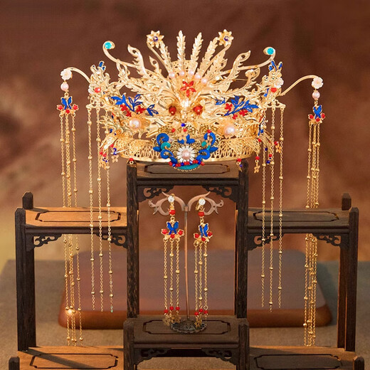 DR-FLVVS phoenix crown headdress Xiuhe step shake Chinese wedding dress Ming Dynasty Hanfu Xiapei bride dragon and phoenix gown diy handmade finished phoenix crown suit (ear clip)