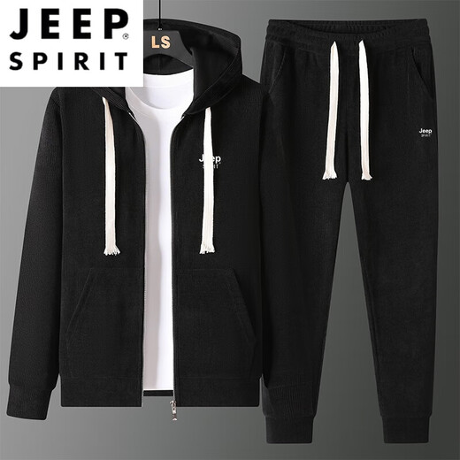 JEEP SPIRIT men's sweatshirt suit spring and autumn corduroy round neck loose large size fat casual two-piece set 12099 black top + 12085B leggings pants M 120Jin Jin equals about 0.5 kg