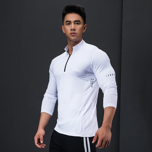 Lutie Dog Fitness Clothing Quick-drying Clothes Men's Autumn and Winter Long-Sleeved Stretch Breathable Sweat-Absorbent Sports and Casual T-Shirts Stand Collar Bottoming Fitness Clothes White XL/175-180