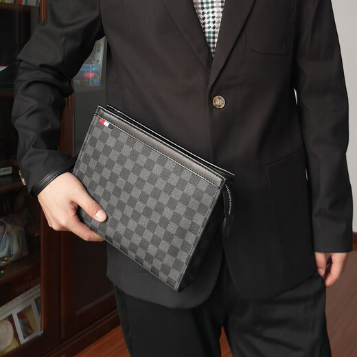 棋盘格手拿包软皮格子手拿包2023新款男士夹包手抓包品牌潮包钱包 黑色