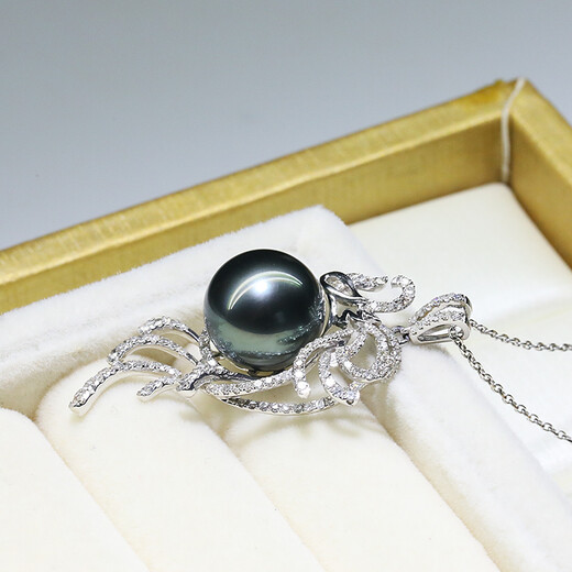 Moh's Tahitian seawater black pearl 18K gold set with diamonds, perfect round, flawless quality, customized model, shipped in 10-15 days Tahitian black pearl pendant 13-14mm