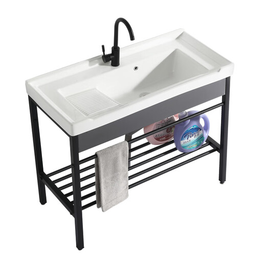 XMSJ ceramic laundry basin stainless steel bracket table basin laundry pool with washboard balcony wash basin ultra-deep laundry sink pool 1048 single basin + drain