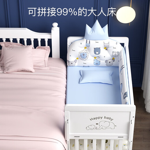 看宝贝（lookbaby）婴儿床多功能床实木可拼接床可移动 大床|蚊账+棕垫+大蓝鲸五件套