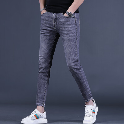 KuRenTou (KuRenTou) 2023 Spring and Autumn New Men's Trendy Smoke Gray Crispy Clipper Jeans Slim-fitting Small-footed Trendy Brand Casual Pants Trendy 1049 Gray 28