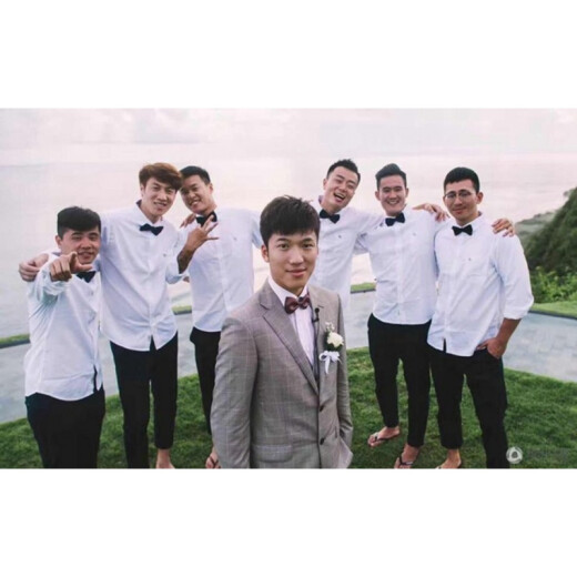 Kaduton best man's shirt trousers suit two-piece set four season Korean style slim best man's wedding dress brothers suit long-sleeved white shirt + black, pants + bow tie XL 125-135