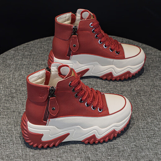OTMX dad shoes women's casual shoes cowhide high top women's shoes 2025 spring and autumn new versatile thick-soled travel sneakers 677 red plush 35