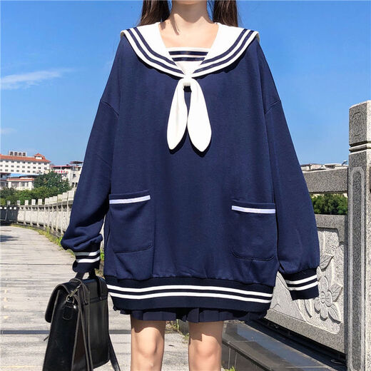 蓝骏启日系可爱兔耳朵圆领风宽松卫衣女蝴蝶结长袖秋装套头上衣学生 白色 757（薄款） M （建议60~80）