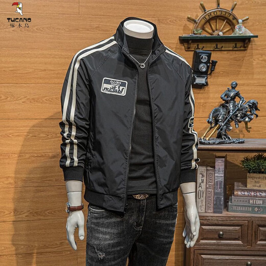 Woodpecker (TUCANO) Men's Jacket Spring and Autumn Workwear Top 2024 New Trendy Brand Contrast Color Striped Stand Collar Jacket Spring Casual Versatile Black High Street Men's Trendy Jacket Spring Style/Trend/Protection XL Recommendation 130-150Jin Jin is equal to 0.5 kg