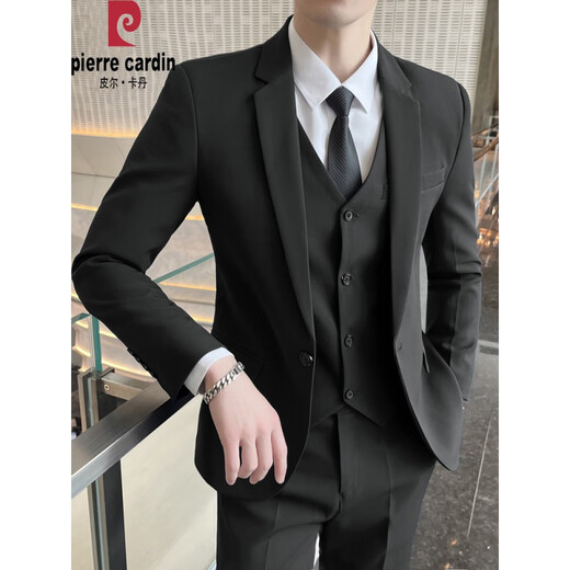 Pierre Cardin high-end light luxury suit men's jacket Korean version slim professional formal dress groom wedding dress small suit for men two-button black suit + pants + vest + 2XL (recommended 125-140 Jin Jin equals 0.5 kg to wear)