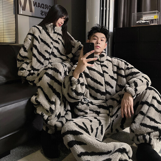 Coral velvet couple pajamas for women that can be worn outside, winter style plus velvet and thickened, high-end striped men's home clothes set XY Velvet #66731 Male L (weight 95-120
