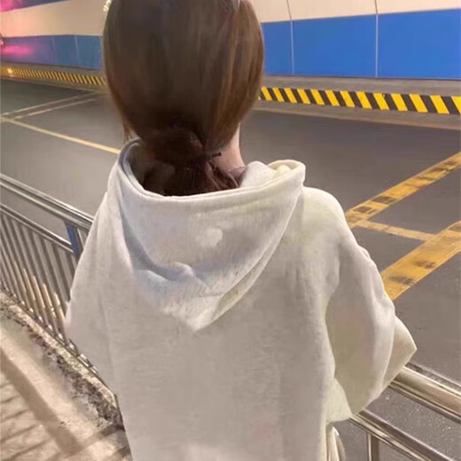 Algodón pesado sudadera con capucha pesada para mujeres en primavera, otoño e invierno Nuevo chaqueta espesada de peluche suelta para mujeres top versátil moderna F3519 Blanco y gris [peluche de alta calidad] 36.5 L 112-127Jin [Jin equivale a 0.5 kg]