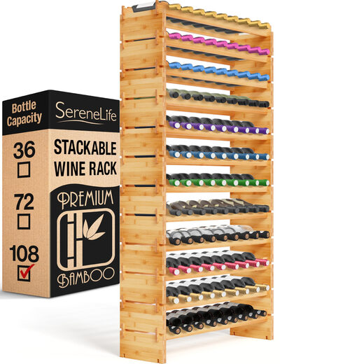 NutriChef bamboo stackable wine rack, 12 layers, 108 bottles, tool-free assembly, modular storage, kitchen and wine cellar storage, 85cm high