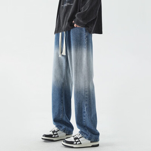 FOG SKY jeans men's summer trendy high street straight-leg pants men's American retro loose wide-leg casual pants SS-506 black gray 2XL (recommended 150-170Jin [Jin equals 0.5 kg])