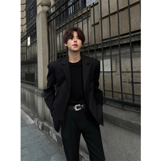 Purgos Wang Jiaer's same style black suit jacket men's spring and autumn high-end handsome British yuppie men's shoulder pad dk suit black XL