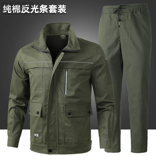工作服男装纯棉弹力加厚耐磨春秋季迷彩服电焊防烫工地劳保服套装作训服 681春秋纯棉【弹力军绿色】 休闲裤口系腰带款 165/M【90-110斤】