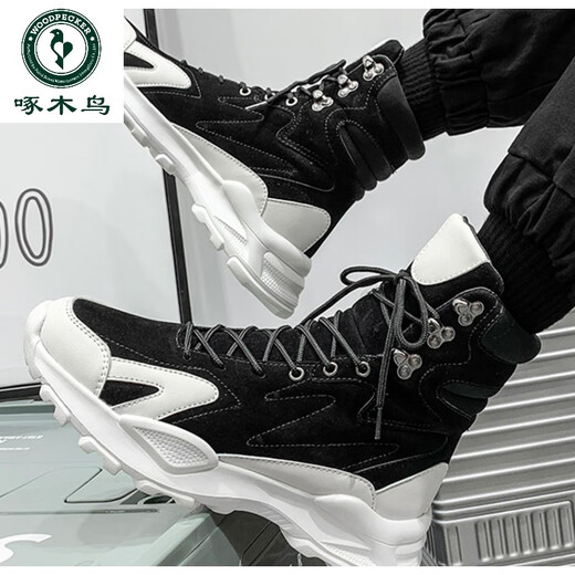Woodpecker Martin boots men's spring and autumn winter men's shoes high top men's work boots long tube plus velvet cotton shoes Internet celebrity motorcycle leather boots white and black-added velvet style 43