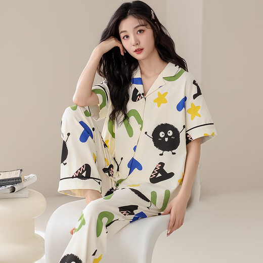 Modal 100% cotton pajamas for women in summer short-sleeved trousers pure cotton sweet and cute casual thin home clothing set AM693 women XL