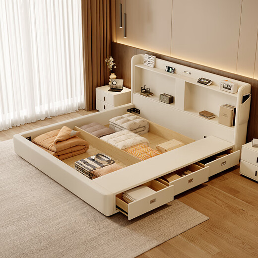 Dongxiong Light Luxury Leather Bed Modern Simple Multifunctional Master Bedroom Double Bed with Drawer Storage Bedroom Soft Leather Bed Imported Cowhide/Encrypted Silent Rib Frame 1800mm*2000mm Electric Translation Storage Structure