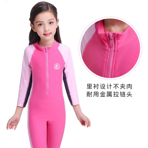 FASIBETTS new children's sun protection swimsuit girls' one-piece long-sleeved student girl's sports professional training swimsuit pink XXL size (height 128-136CM, weight 50-60)