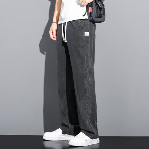 Lomon Casual Hosen für Männer im Sommer Eisseide dünne Stil Tensillöte Lose geradlinige lässige Weitbeinhose für Männer Imitation Jeans für Männer 1048 schwarzer Eis Seidenstoff-1 Streifenpaket dünne XL (130-145jin [Jin gleich 0,5 kg]))
