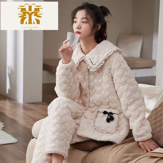 FMSERUIOS轻奢高档珊瑚绒夹棉睡衣女士冬季三层加厚加绒家居服女冬款法兰绒 MFB12250女 M